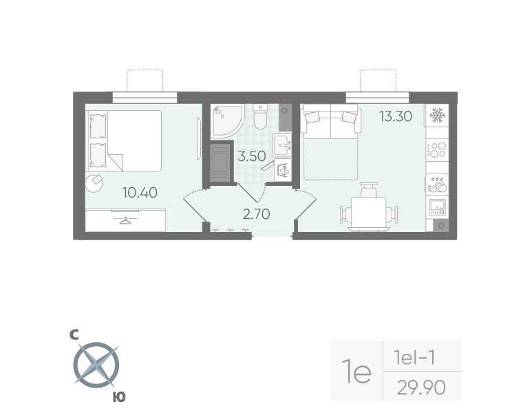 1-комнатная 29 м2 в ЖК Ручьи (2 оч.) корпус null этаж 10