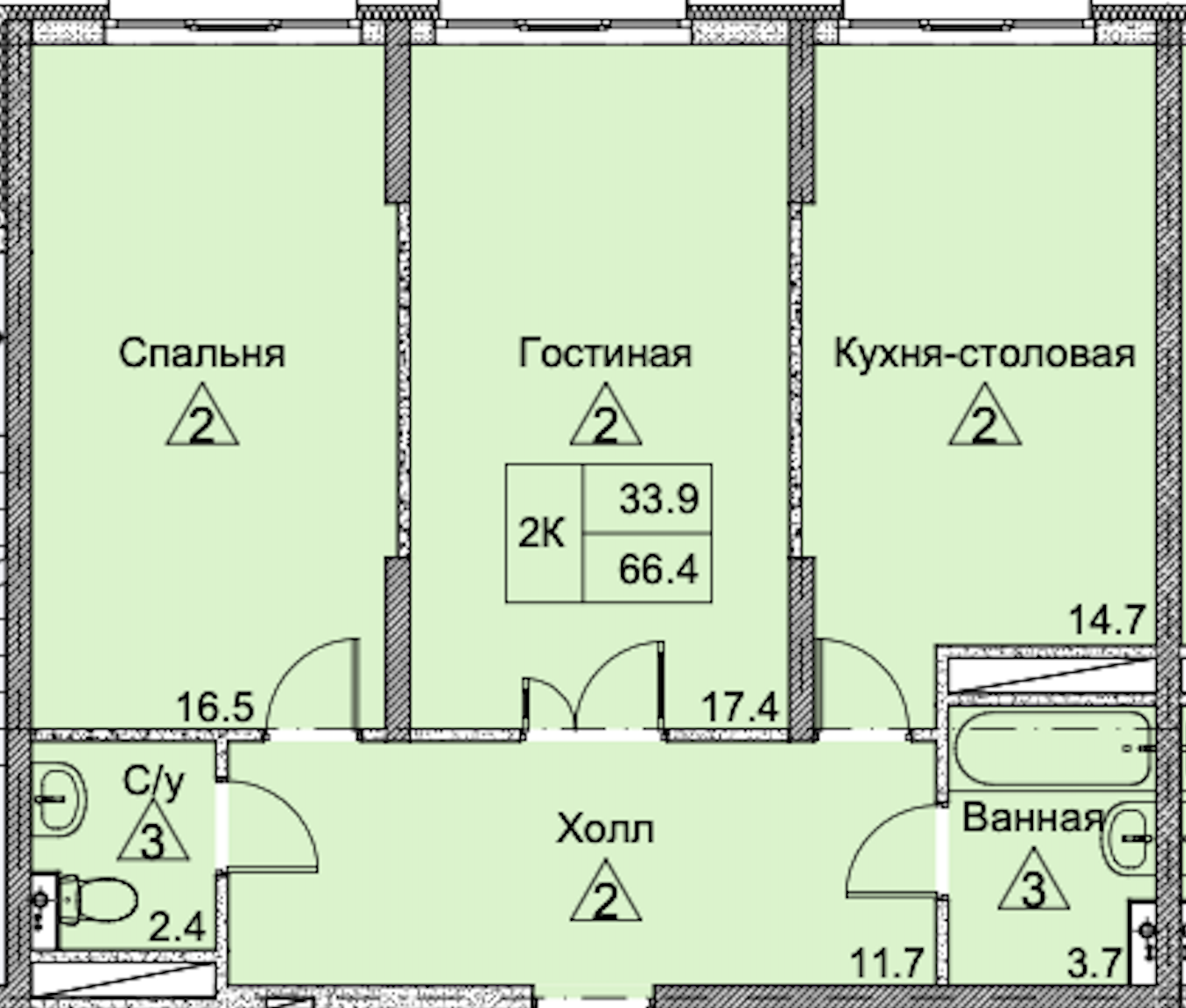 2-комнатная 66 м2 в ЖК Петровский Авеню корпус null этаж 4