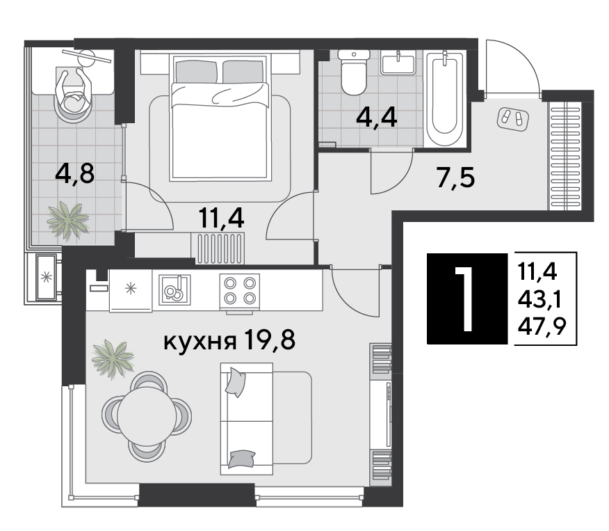 1-комнатная 46 м2 в ЖК Парк Победы 2 корпус null этаж 2