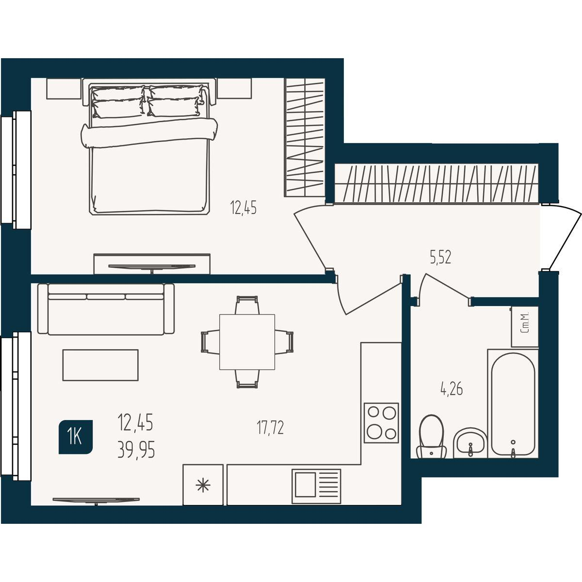 1-комнатная 39 м2 в ЖК Квартал Мятный корпус null этаж 20