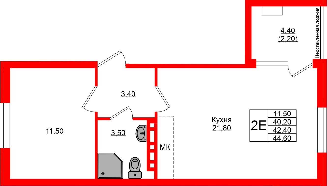 1-комнатная 42 м2 в ЖК Кроны и Волны корпус null этаж 4