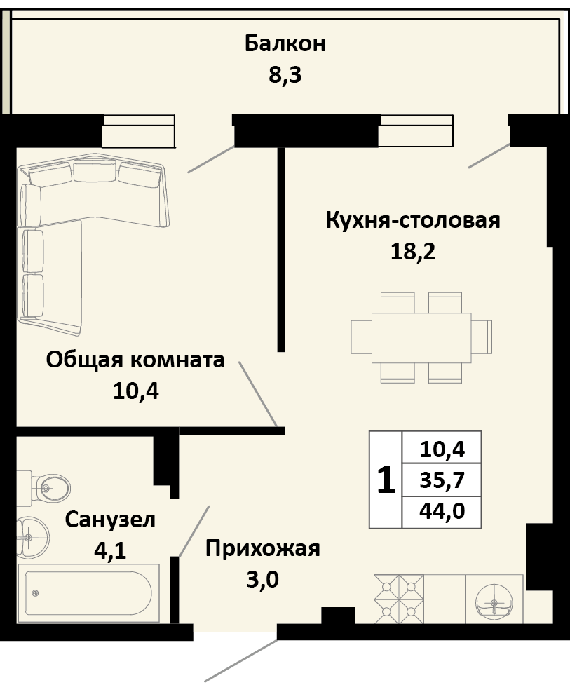 1-комнатная 44 м2 в ЖК Южные соседи корпус null этаж 2