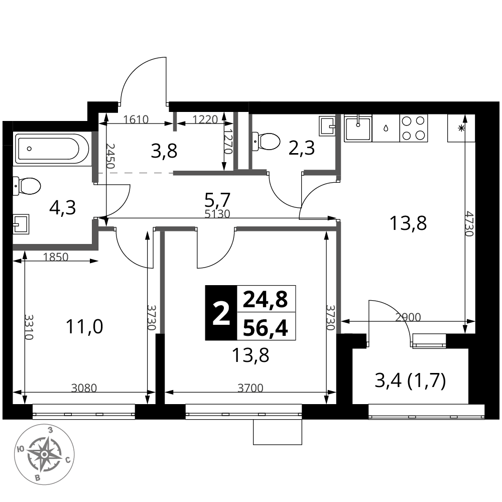 2-комнатная 56 м2 в ЖК 1-й Ясеневский корпус null этаж 11
