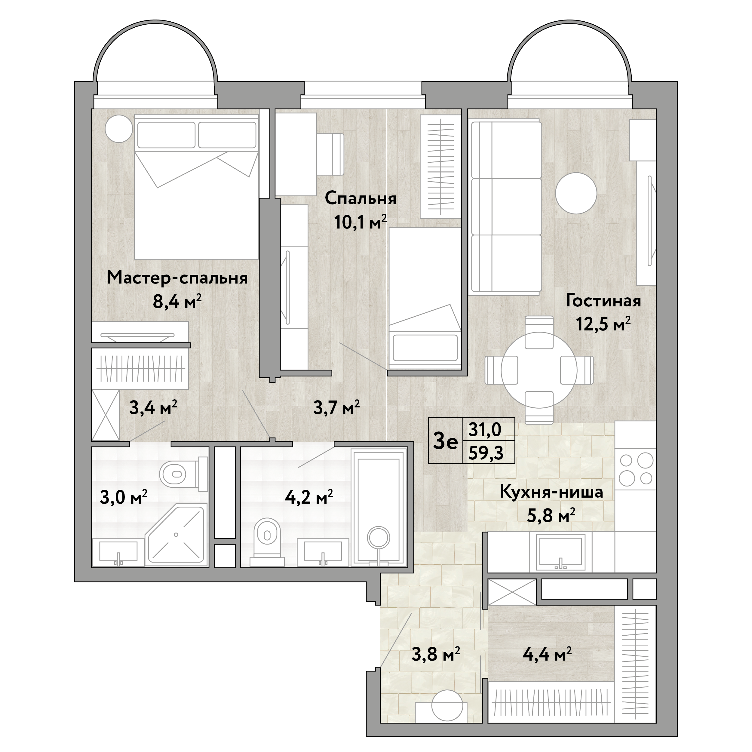 2-комнатная 59 м2 в ЖК Новые Смыслы корпус null этаж 2