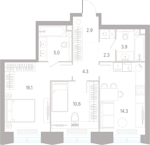 2-комнатная 59 м2 в ЖК КОД Сокольники корпус null этаж 15