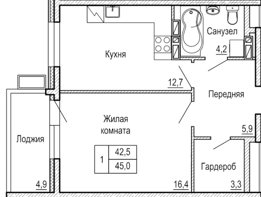1-комнатная 45 м2 в ЖК Гармония корпус null этаж 12