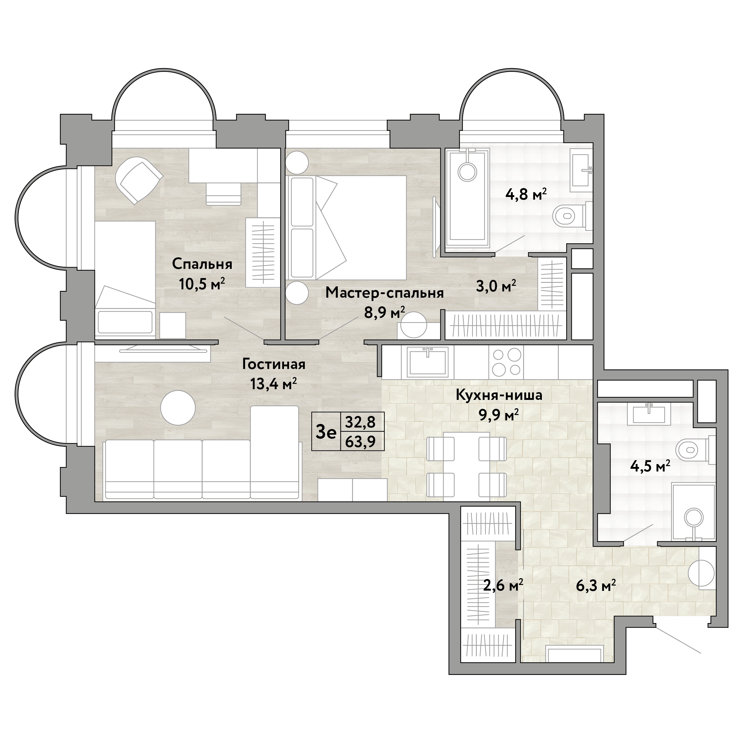 2-комнатная 64 м2 в ЖК Новые Смыслы корпус null этаж 9