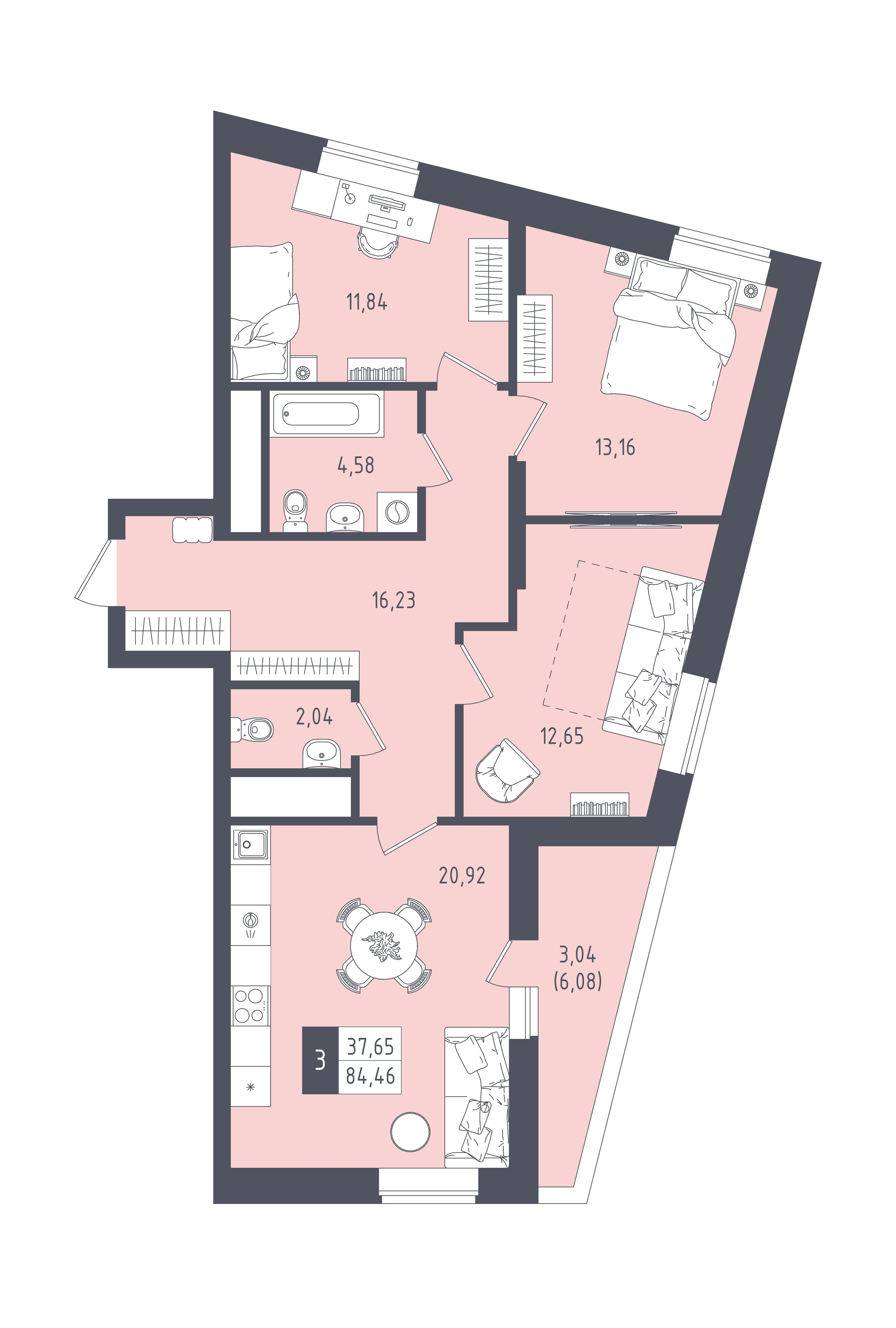 3-комнатная 84 м2 в ЖК Малевич корпус null этаж 15