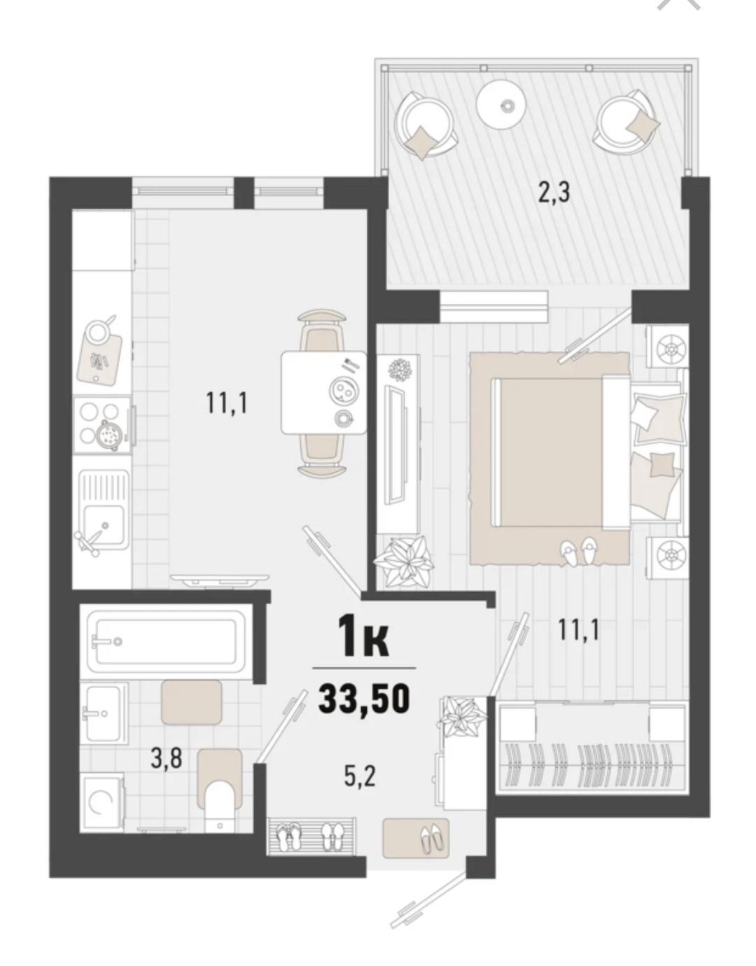 1-комнатная 33.5 м2 в ЖК undefined корпус null этаж 3