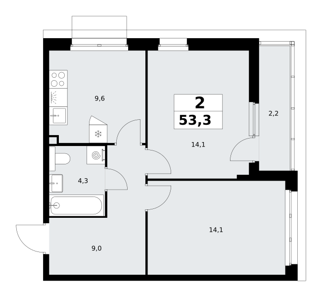 2-комнатная 53 м2 в ЖК Деснаречье корпус null этаж 3