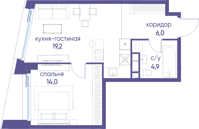 1-комнатная 44 м2 в ЖК Остров корпус null этаж 21