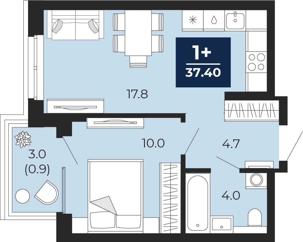 1-комнатная 36 м2 в ЖК Мириады корпус null этаж 10