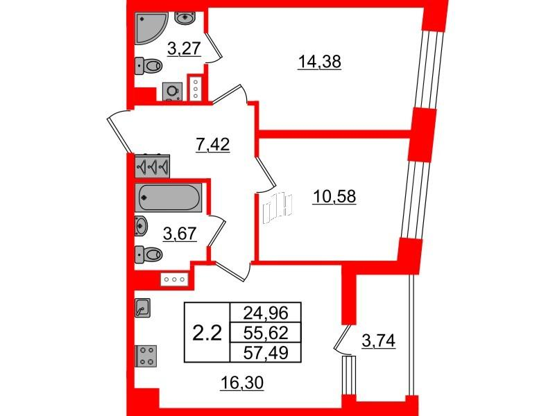 2-комнатная 55 м2 в ЖК Бионика Заповедная корпус null этаж 2