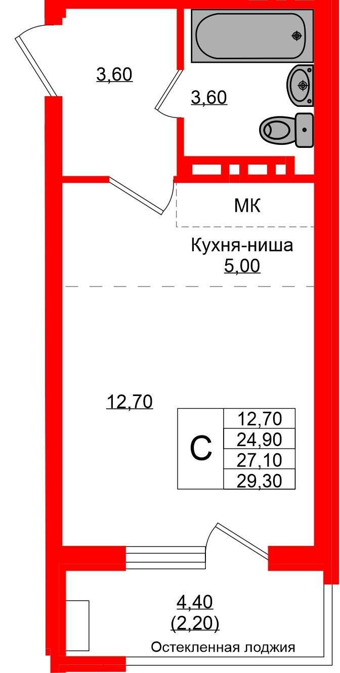 Студия 27 м2 в ЖК Кроны и Волны корпус null этаж 3