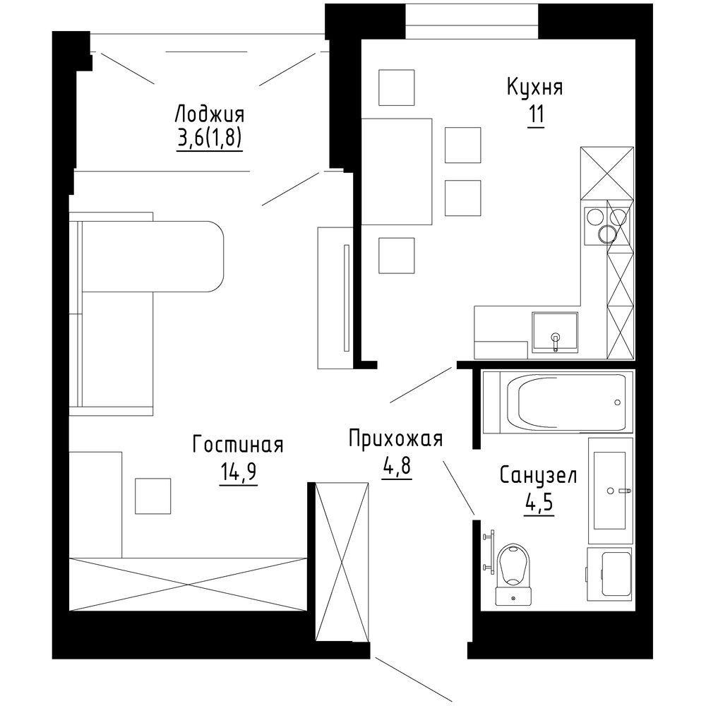 1-комнатная 37 м2 в ЖК Андерсен корпус null этаж 2