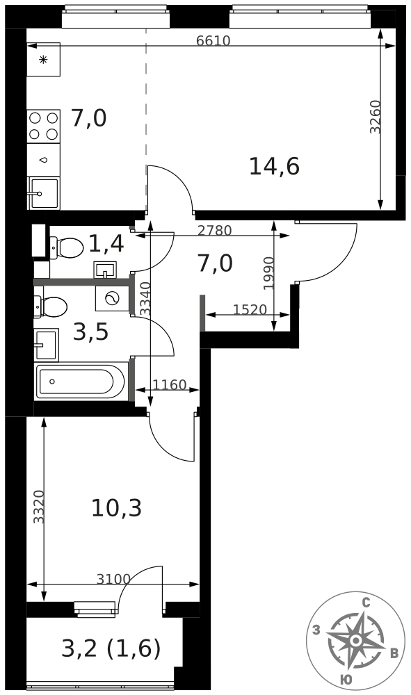 2-комнатная 45 м2 в ЖК 1-й Ясеневский корпус null этаж 2