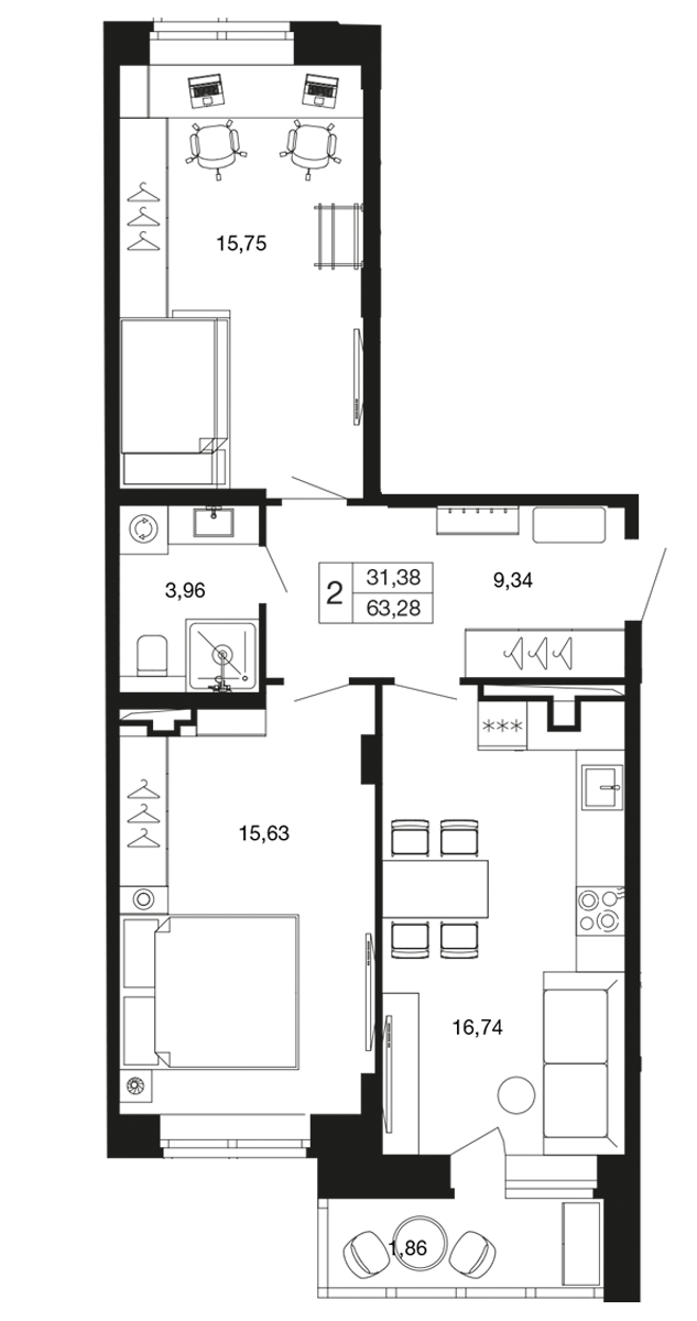 2-комнатная 63 м2 в ЖК Времена года корпус null этаж 6