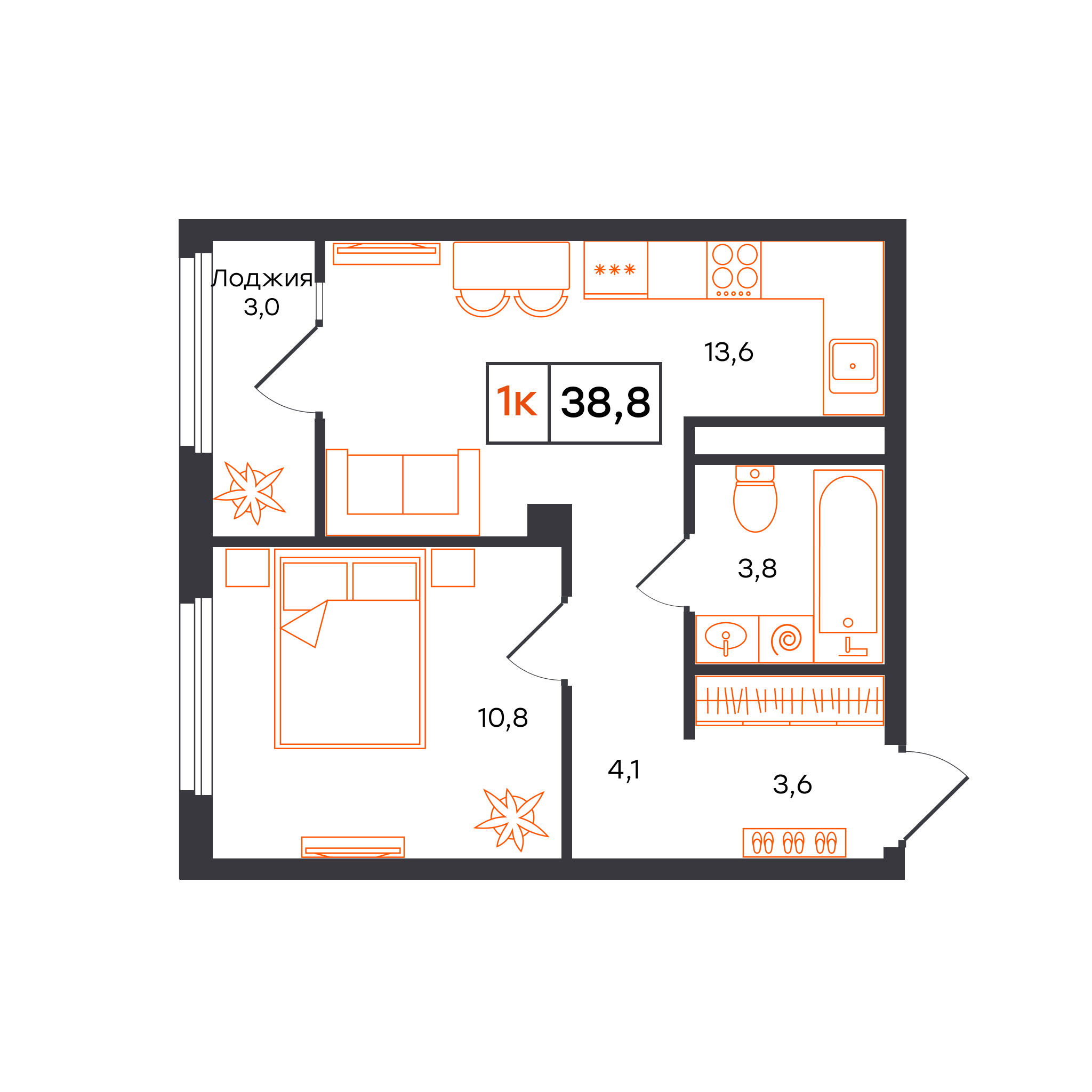 1-комнатная 38 м2 в ЖК Отличие корпус null этаж 12