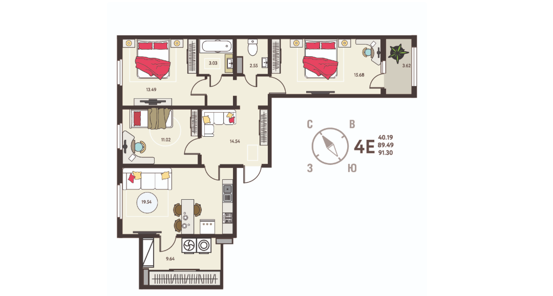 3-комнатная 91.3 м2 в ЖК undefined корпус null этаж 9