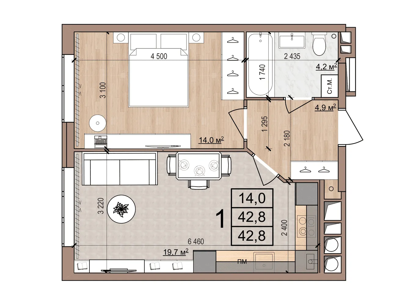 1-комнатная 42 м2 в ЖК Skyline-2 корпус null этаж 5