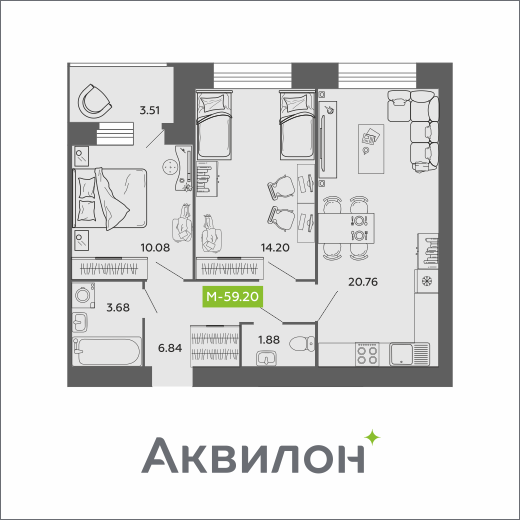 Студия 59 м2 в ЖК Аквилон Роса корпус null этаж 10