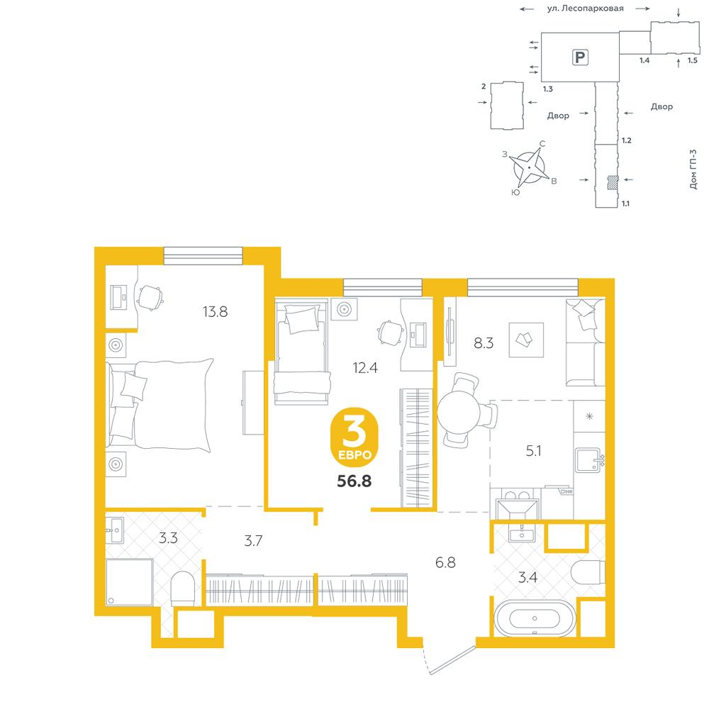 2-комнатная 56 м2 в ЖК Чистые пруды корпус null этаж 10