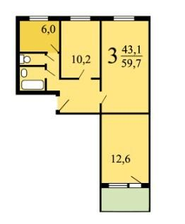 3-комнатная 59.7 м2 в ЖК undefined корпус null этаж 5