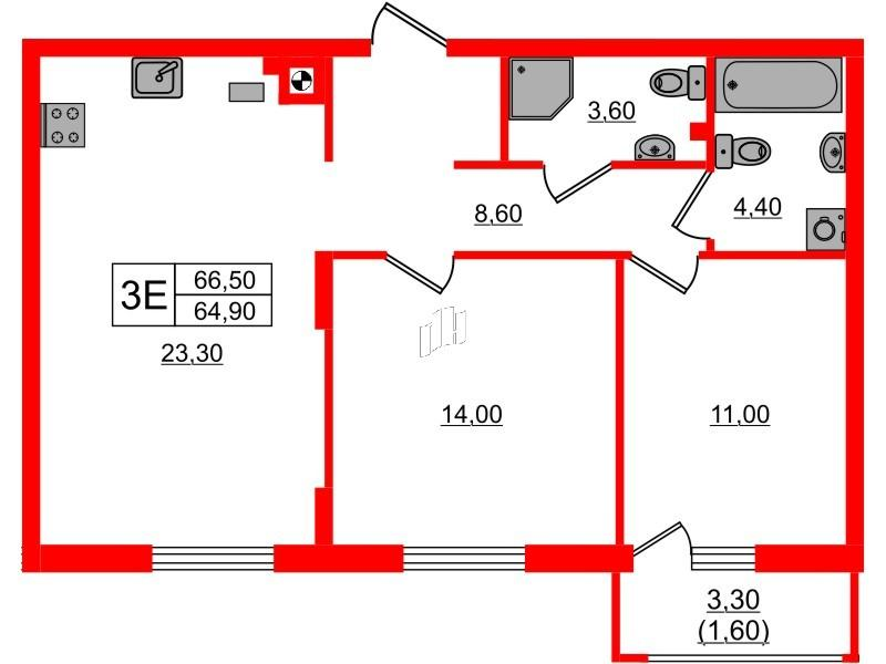2-комнатная 66 м2 в ЖК River Park-2 корпус null этаж 1
