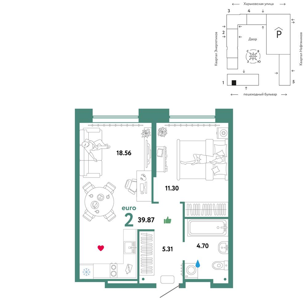 2-комнатная 39 м2 в ЖК Сердце Сибири корпус null этаж 11