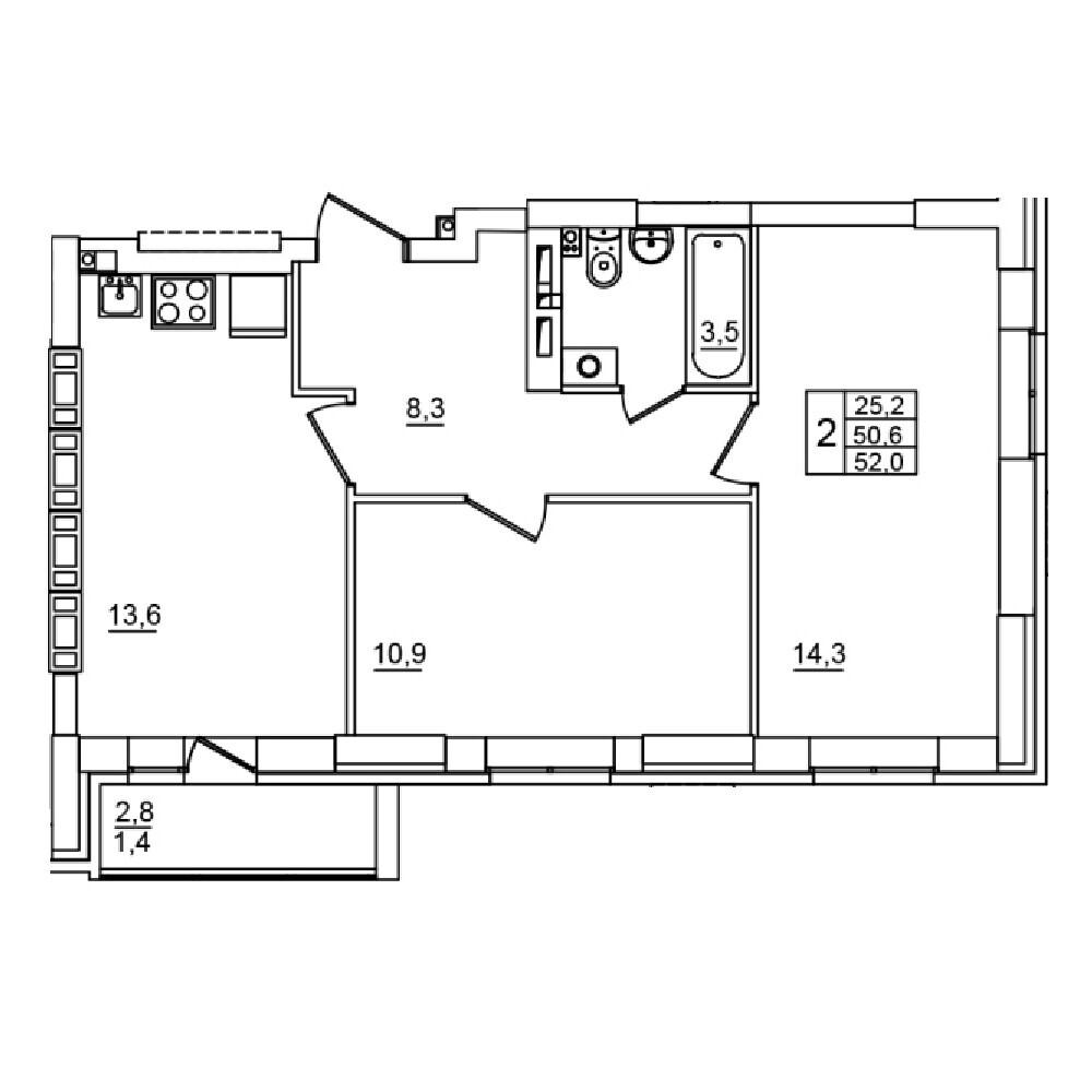 2-комнатная 52 м2 в ЖК Сталь корпус null этаж 12