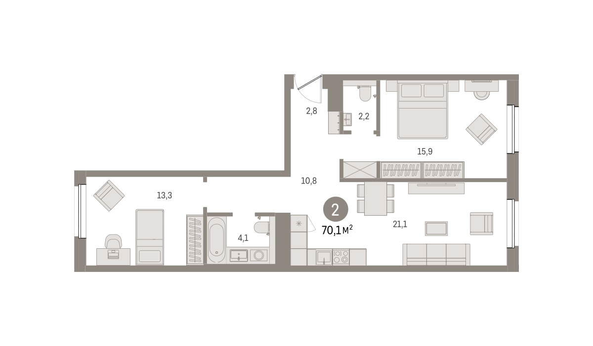2-комнатная 70 м2 в ЖК Северный ветер корпус null этаж 3