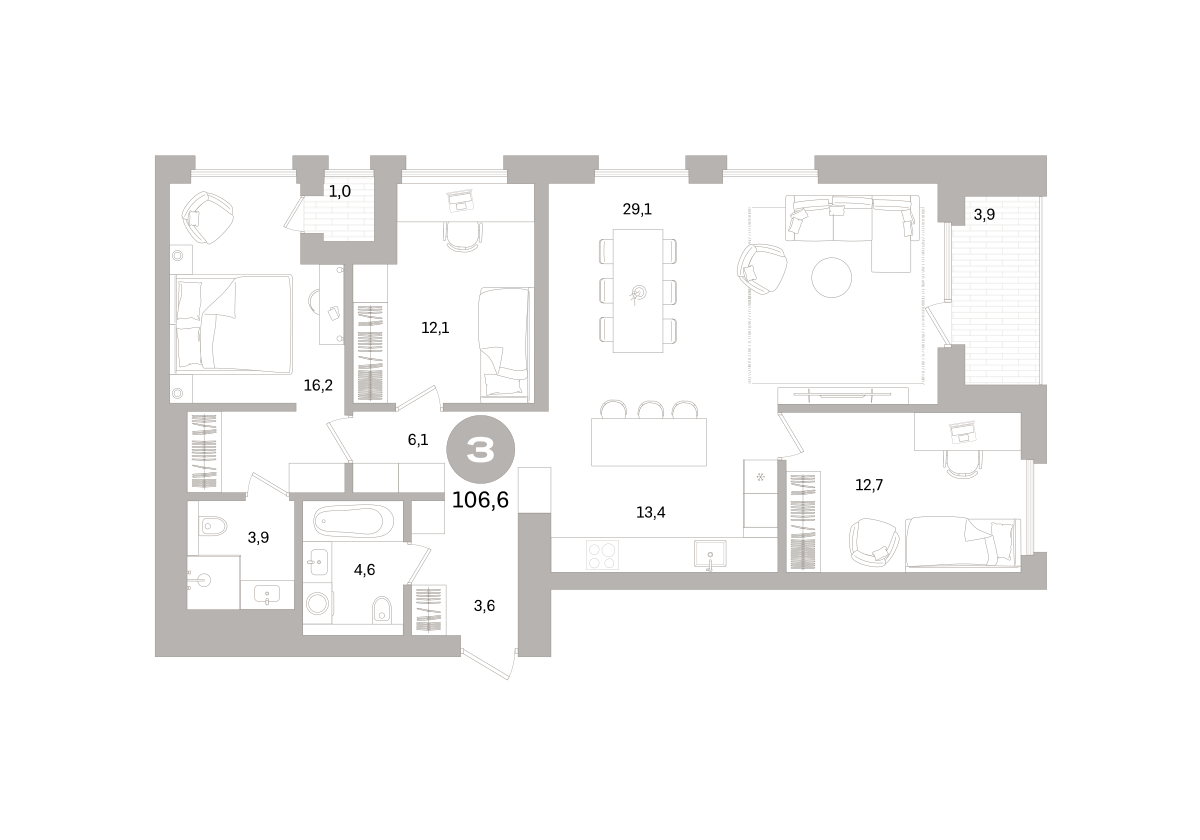 3-комнатная 106 м2 в ЖК Северный ветер корпус null этаж 5