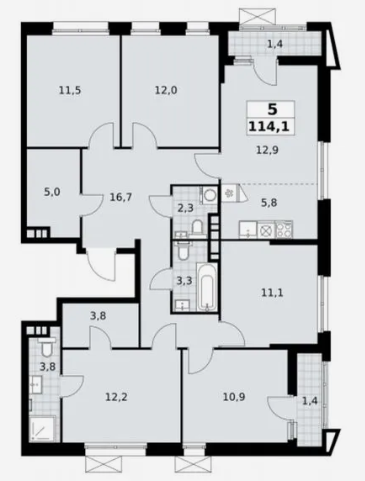 5-комнатная 114 м2 в ЖК undefined корпус null этаж 3