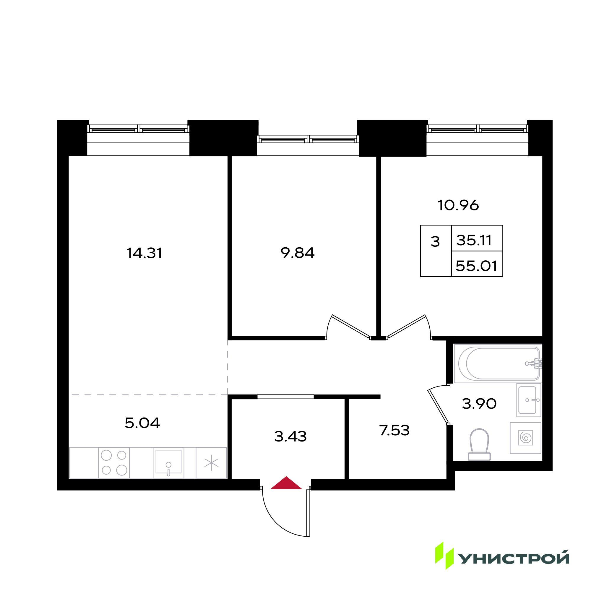 3-комнатная 55 м2 в ЖК Уникум на Энгельса корпус null этаж 15