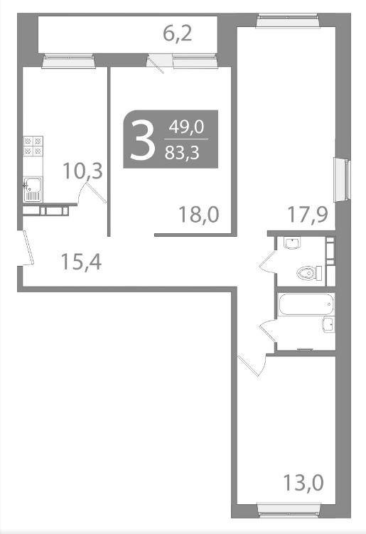 3-комнатная 83.3 м2 в ЖК undefined корпус null этаж 6