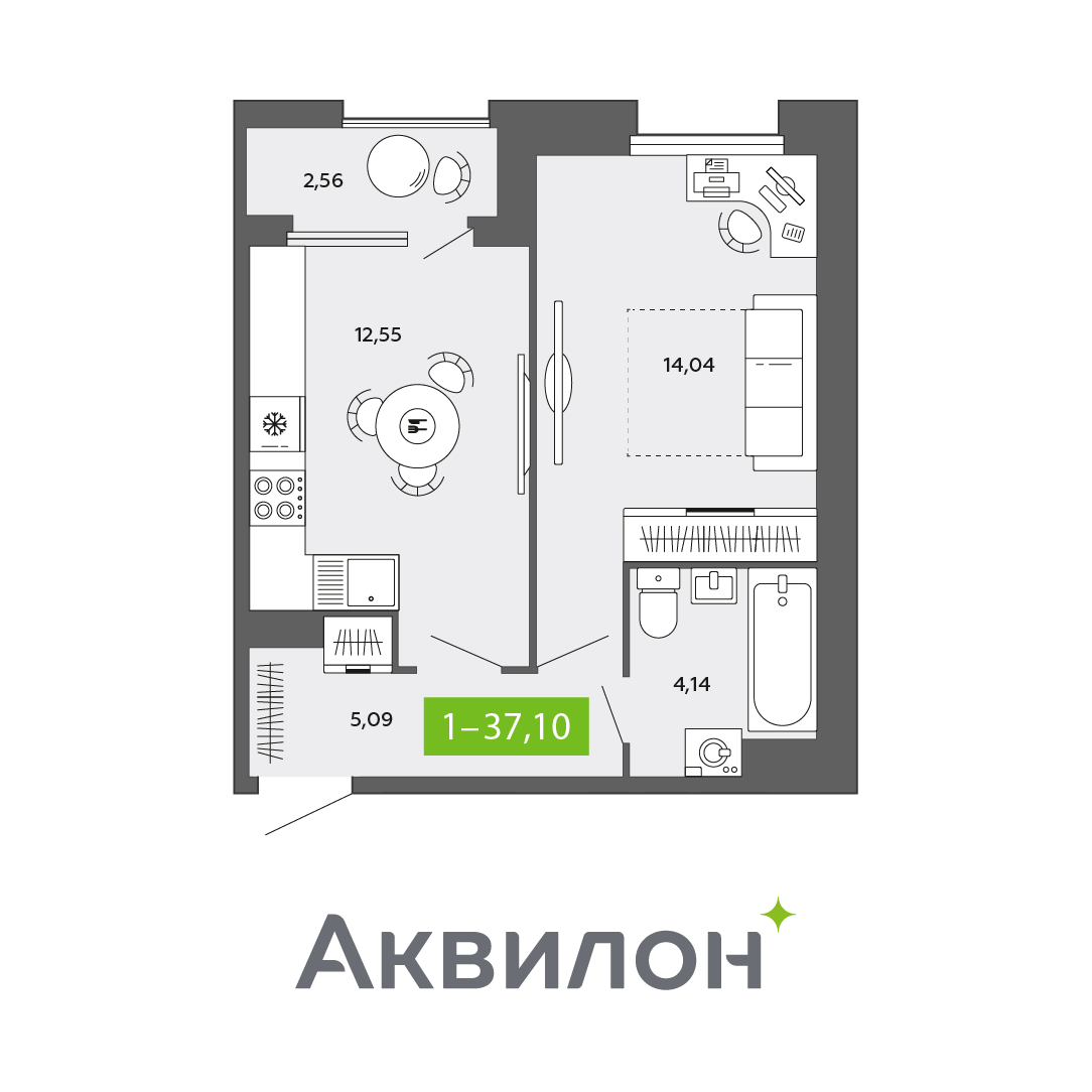 1-комнатная 37 м2 в ЖК Аквилон CITY Towers корпус null этаж 12
