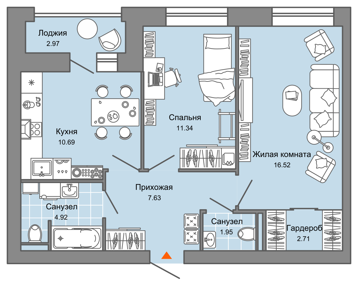 2-комнатная 57 м2 в ЖК Зарядное корпус null этаж 7