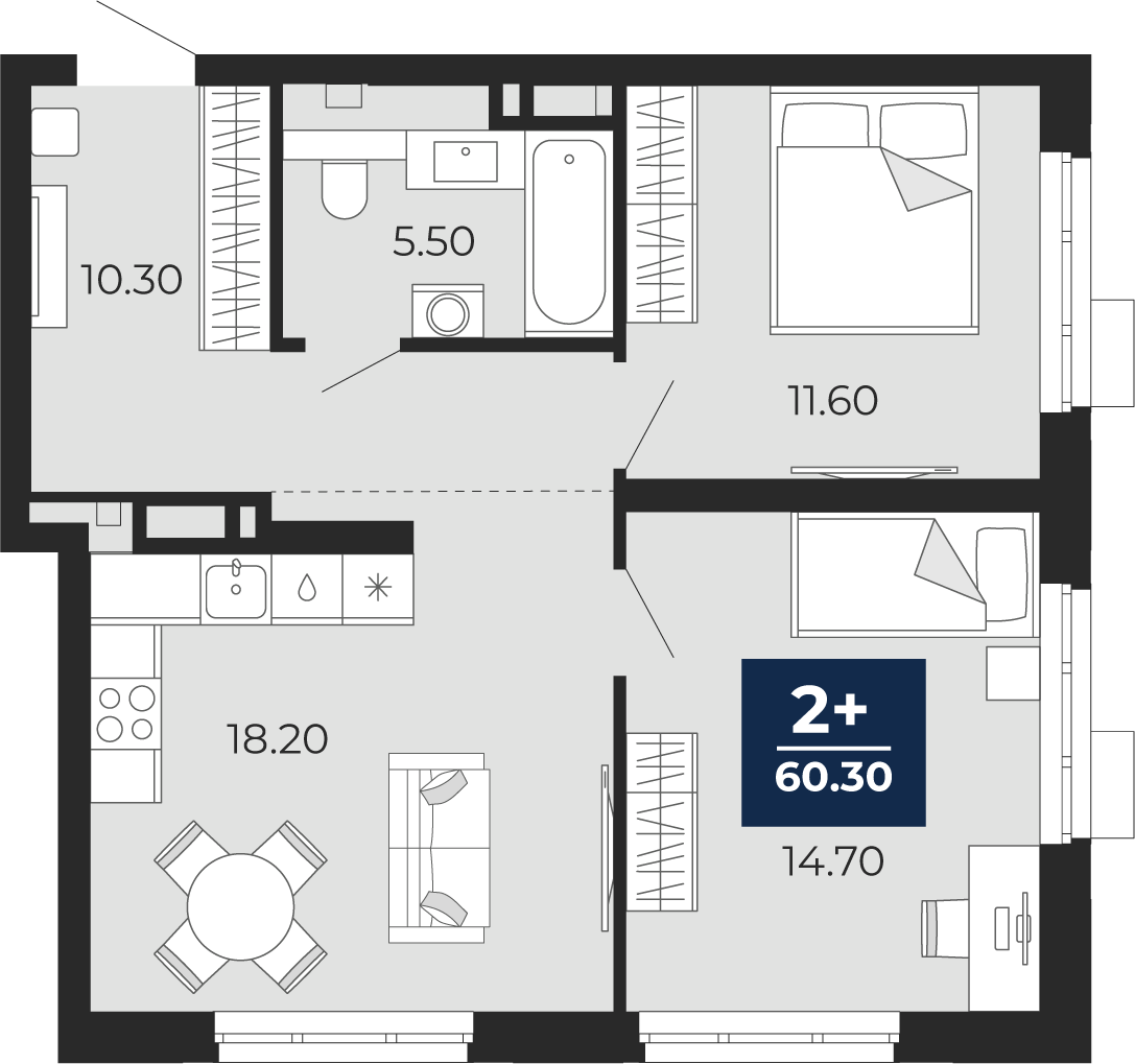 2-комнатная 60 м2 в ЖК Айвазовский корпус null этаж 11