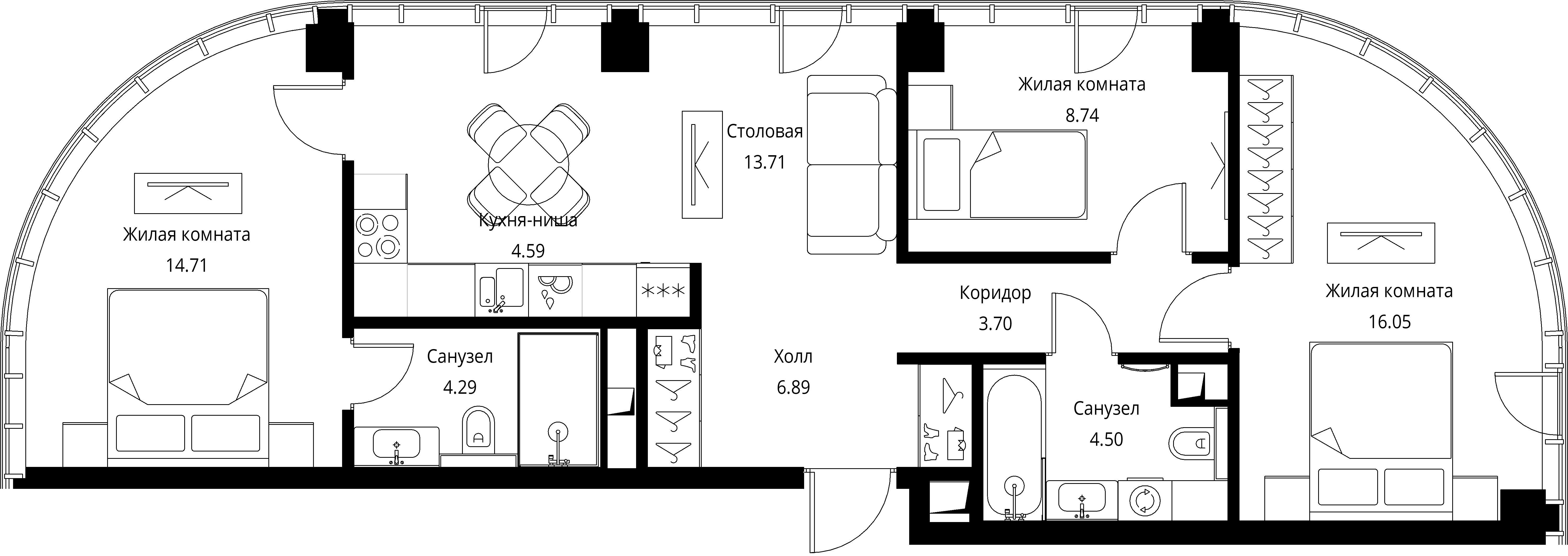 3-комнатная 77 м2 в ЖК Сити Бэй корпус null этаж 13