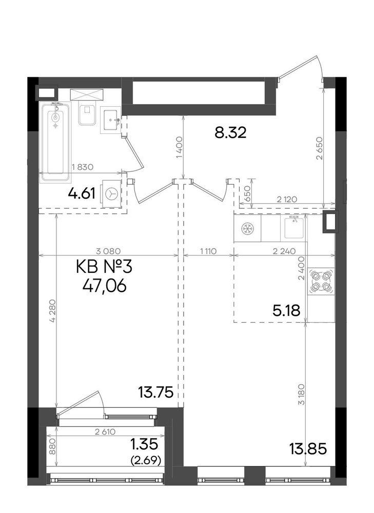 2-комнатная 47 м2 в ЖК Адали корпус null этаж 2