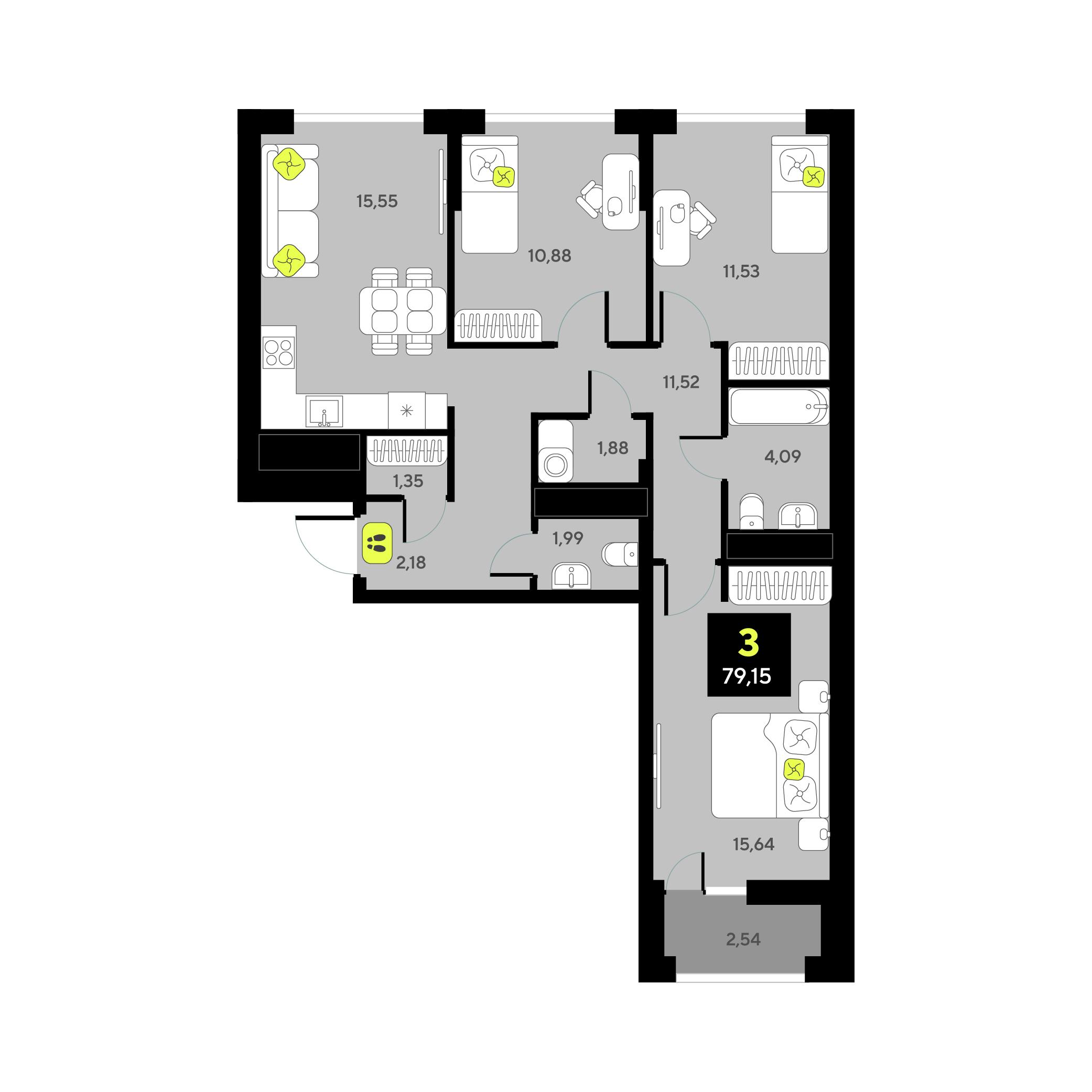3-комнатная 79 м2 в ЖК Мотивы корпус null этаж 10