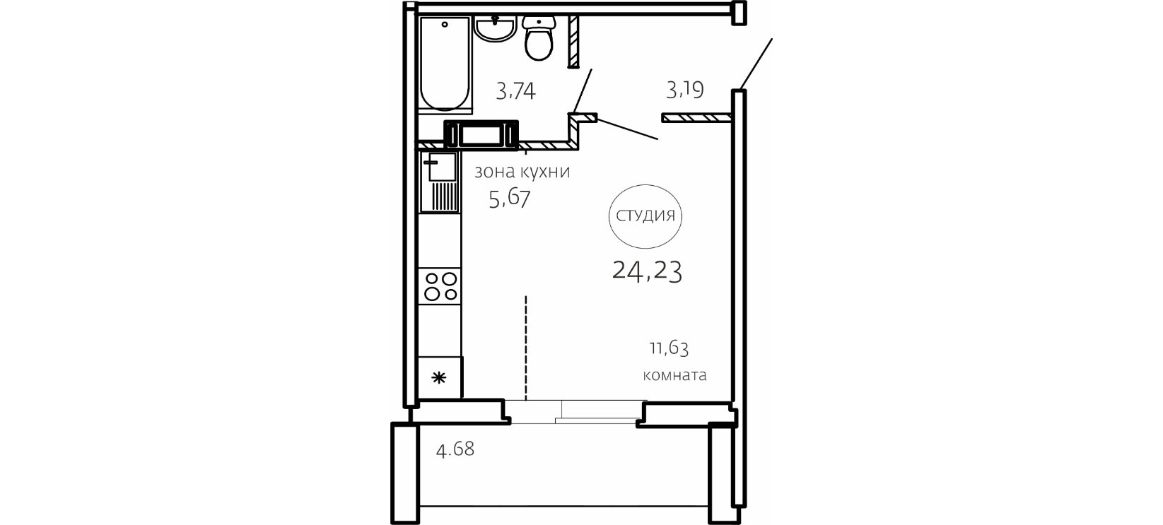 Студия 24.2 м2 в ЖК undefined корпус null этаж 1