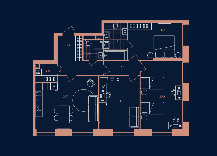 4-комнатная 95.8 м2 в ЖК undefined корпус null этаж 11