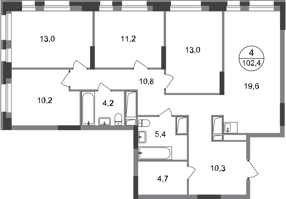 4-комнатная 102 м2 в ЖК Первый Московский корпус null этаж 8