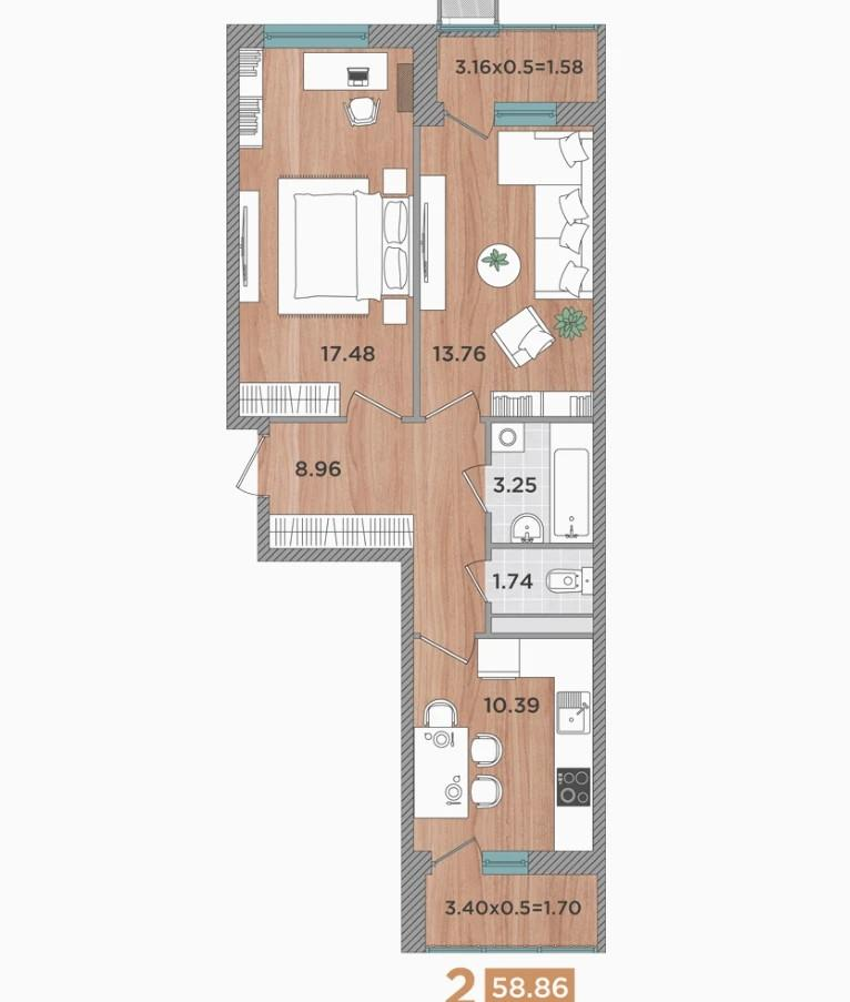 2-комнатная 58.9 м2 в ЖК undefined корпус null этаж 2