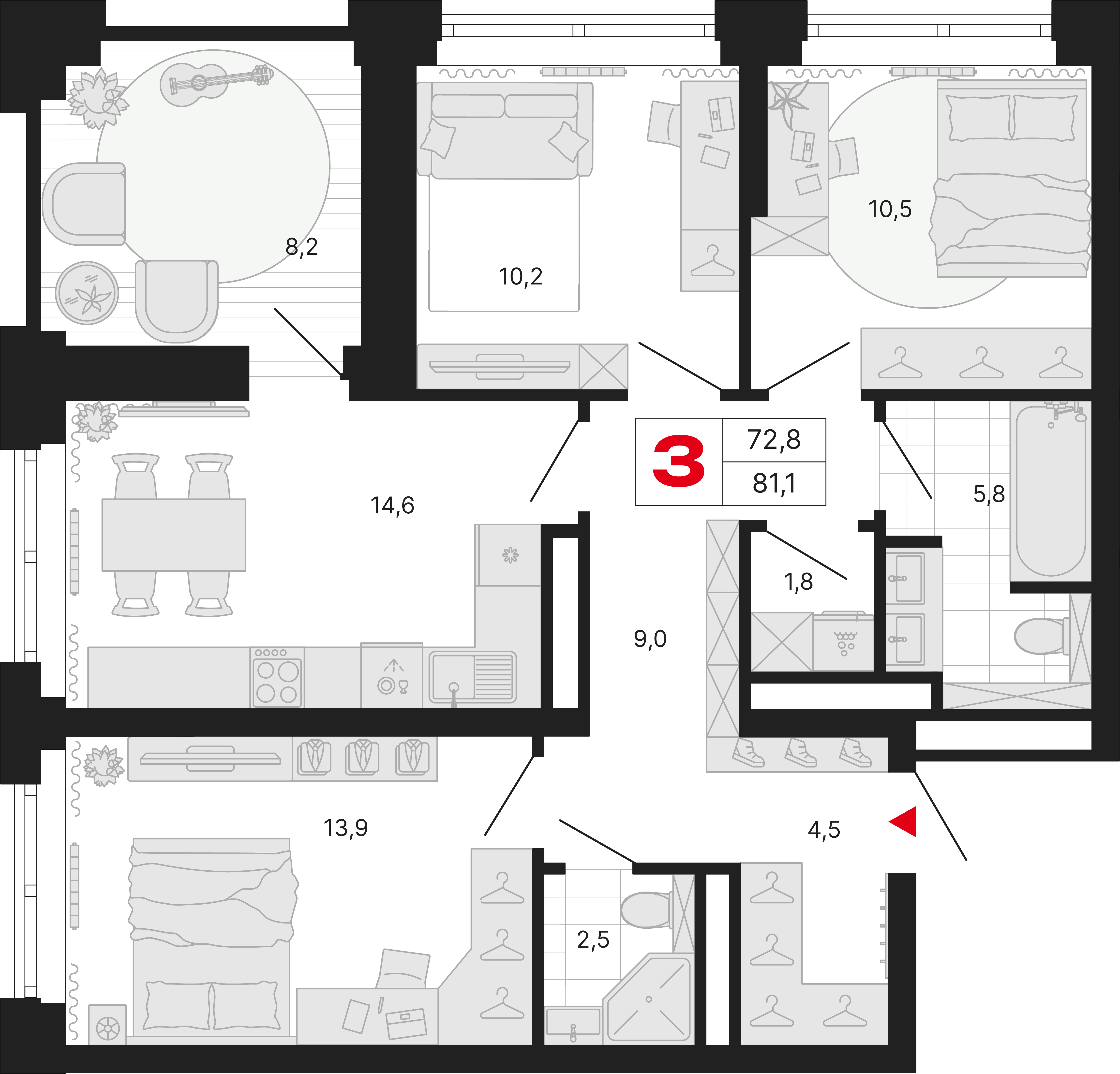 3-комнатная 81 м2 в ЖК Бестселлер корпус null этаж 28