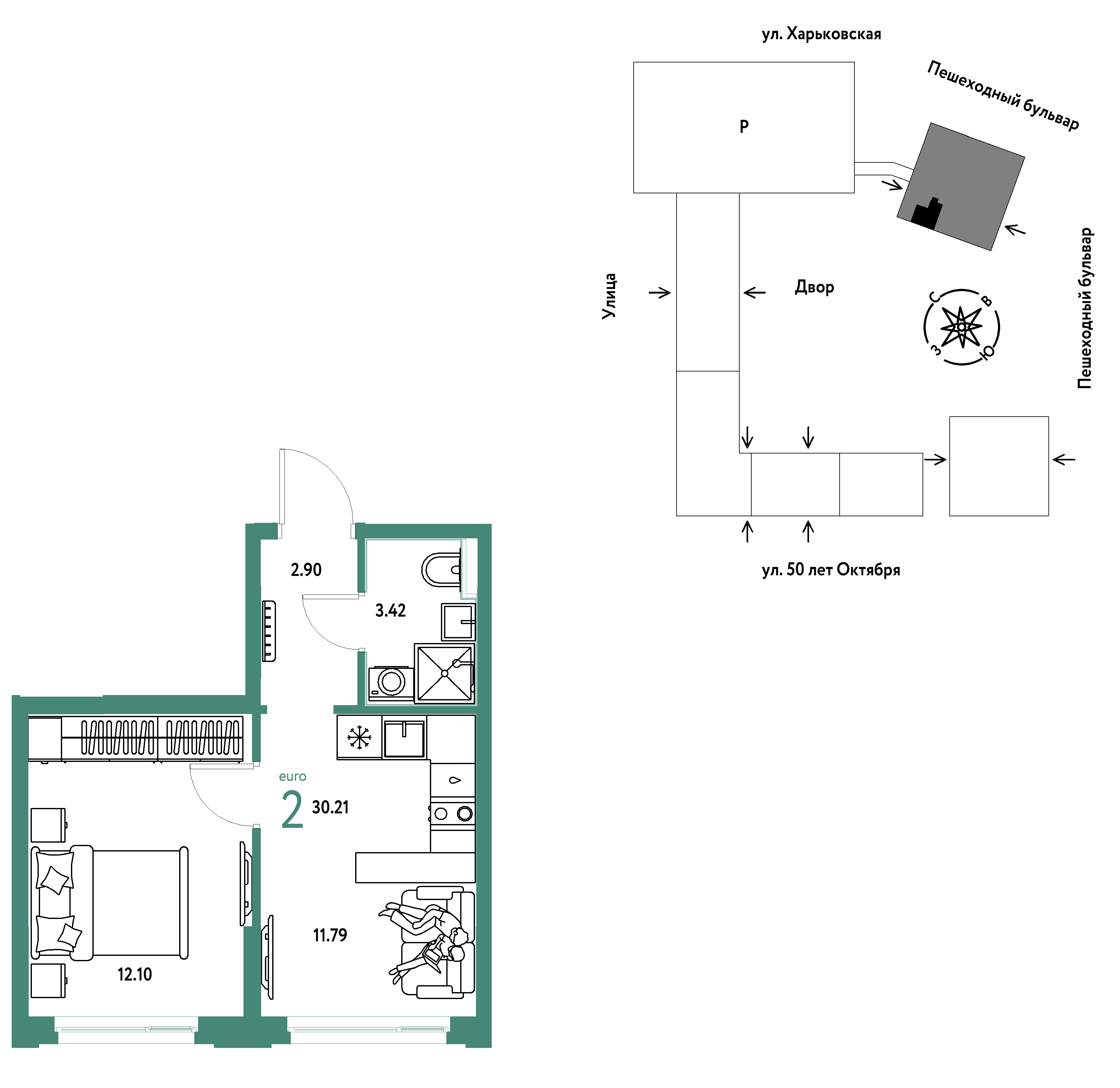 2-комнатная 30 м2 в ЖК Сердце Сибири корпус null этаж 9