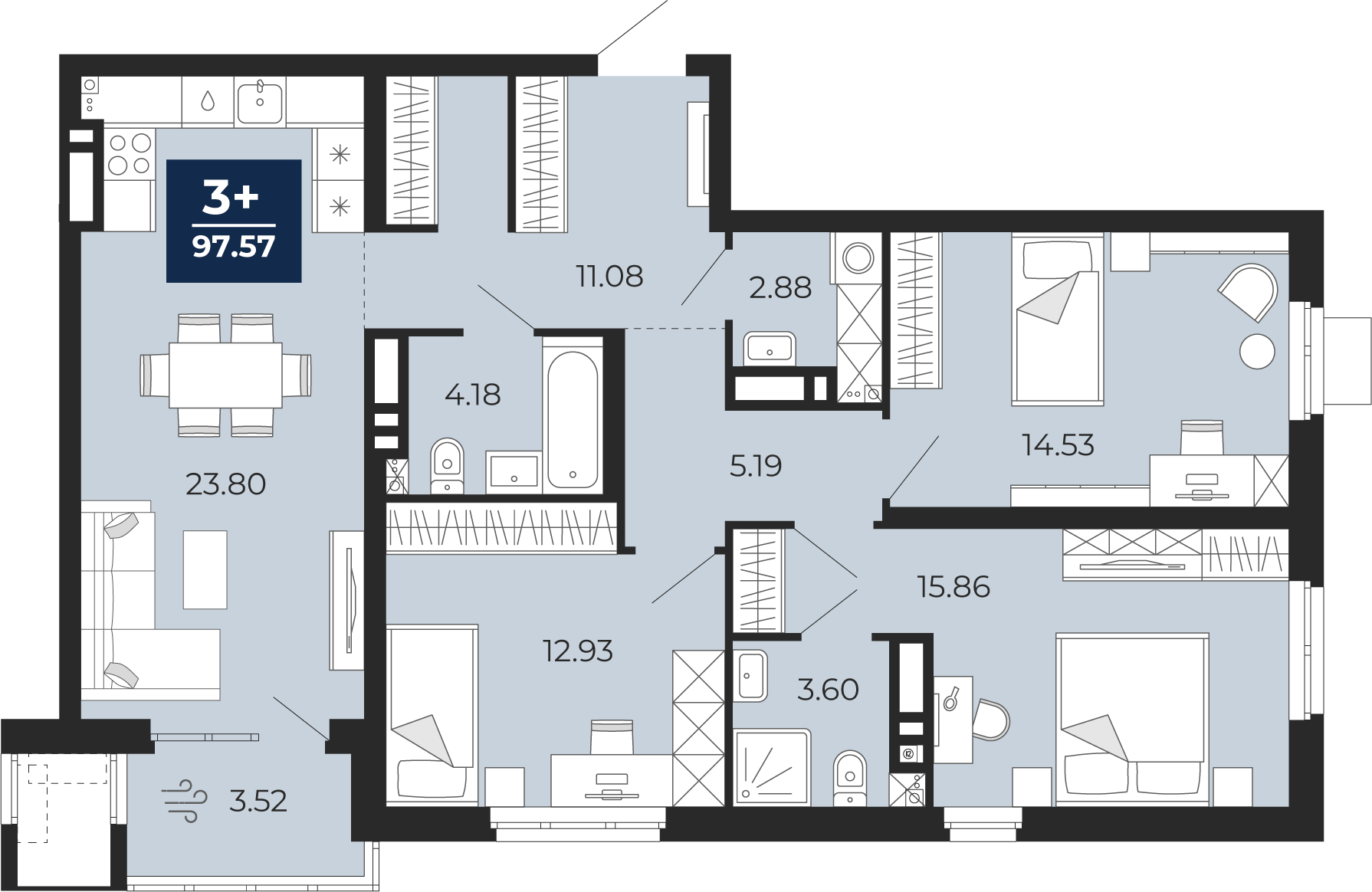 3-комнатная 94 м2 в ЖК Мириады корпус null этаж 10