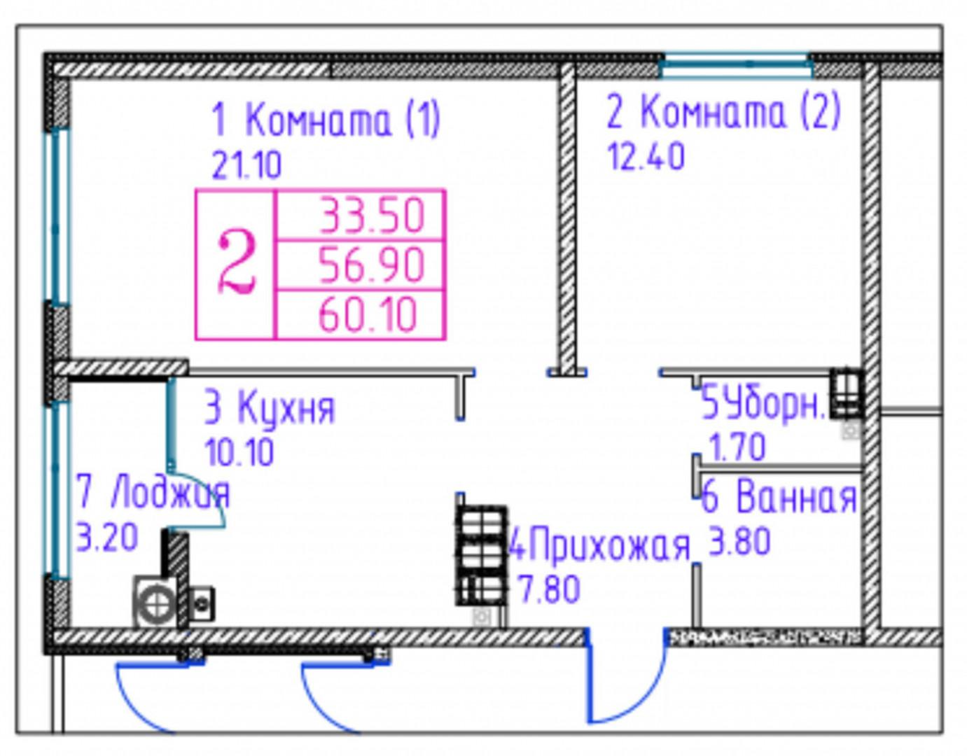 2-комнатная 60.1 м2 в ЖК undefined корпус null этаж 7