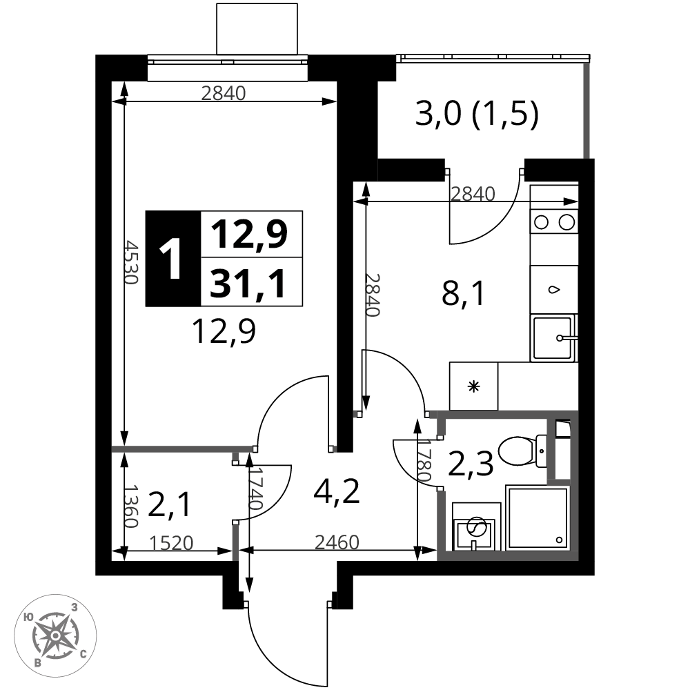 1-комнатная 31 м2 в ЖК 1-й Донской корпус null этаж 12